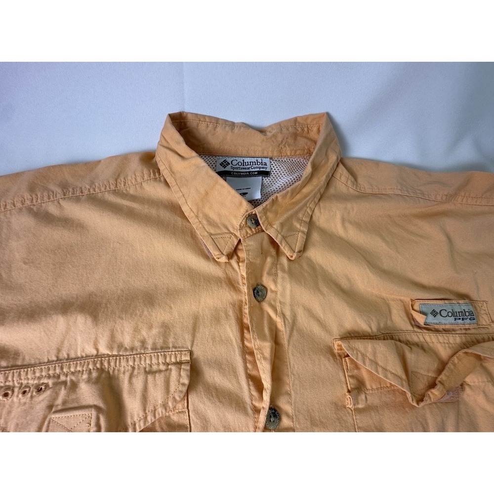 Columbia PFG Shirt Mens Large Orange Button Up Solid‎ Fishing Vented Outdoor